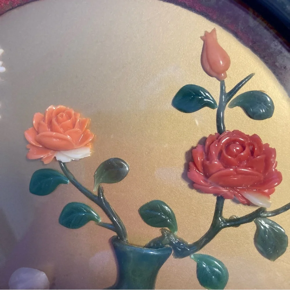Vintage Asian Faux Jade Floral Still Life Shadowbox Wall Hanging